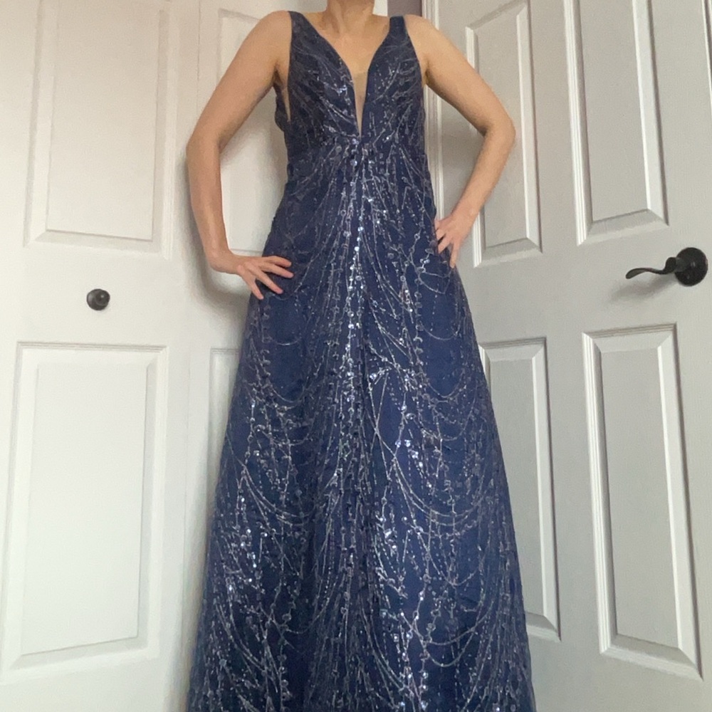 Full Length Navy Glitter Tulle and Satin Gown - Picture 11 of 15